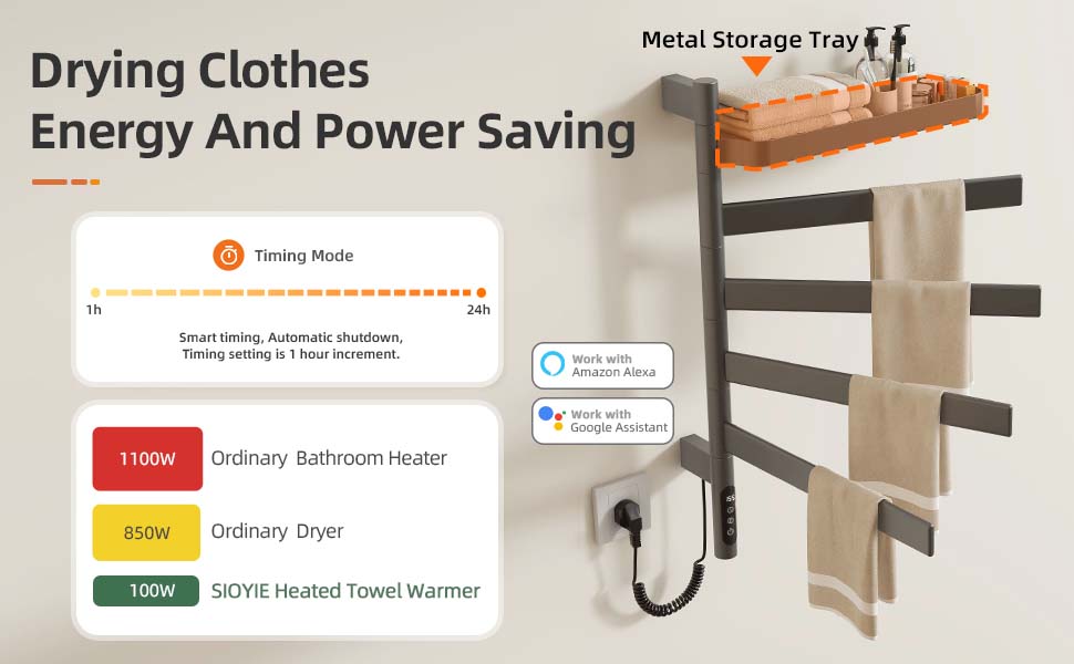 SIOYIE Smart Rotating Heated Towel Rack For Bathroom, Wall-Mounted Electric Towel Dryer With Swivel Bars & Shelf, Smart Timer, Low Carbon Steel, Plug-in/Hardwired, Towel Warmer With Wi-Fi App Control_voghion.com